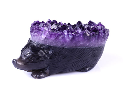 4.1" Amethyst Druse Agate Hand Carved Crystal Hedgehog Sculpture Crystallumi