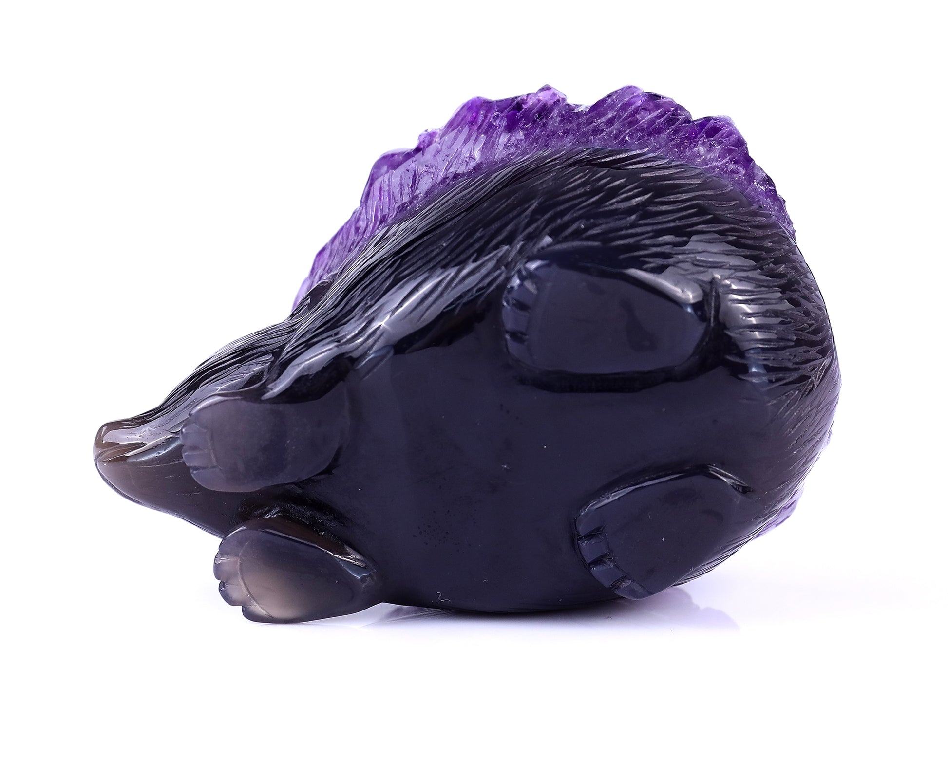 4.1" Amethyst Druse Agate Hand Carved Crystal Hedgehog Sculpture Crystallumi