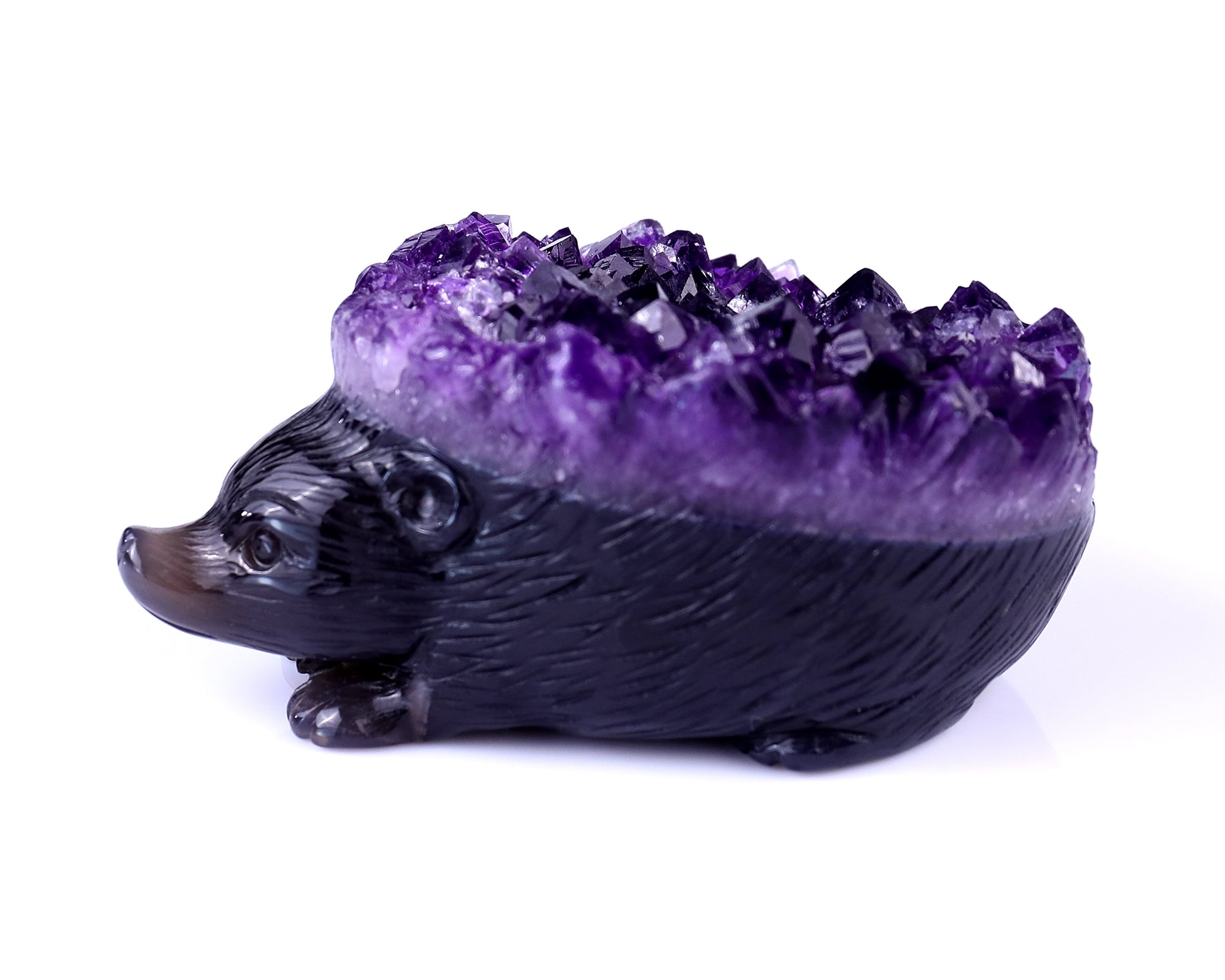 4.1" Amethyst Druse Agate Hand Carved Crystal Hedgehog Sculpture Crystallumi