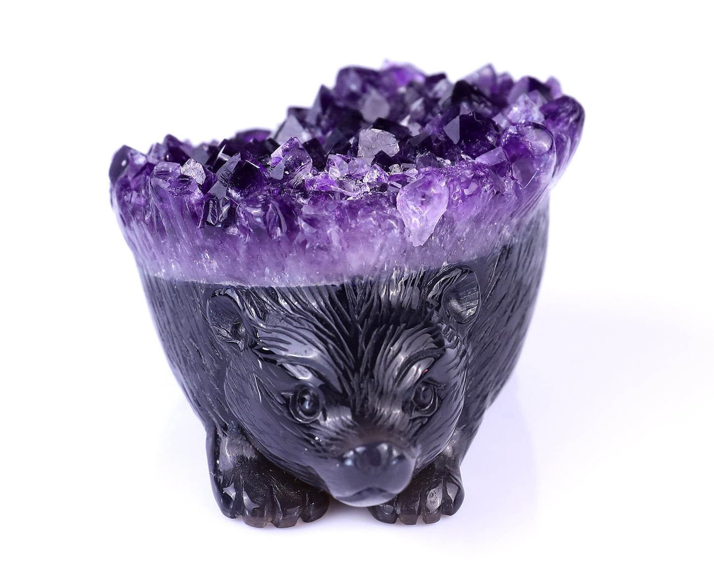 4.1" Amethyst Druse Agate Hand Carved Crystal Hedgehog Sculpture Crystallumi