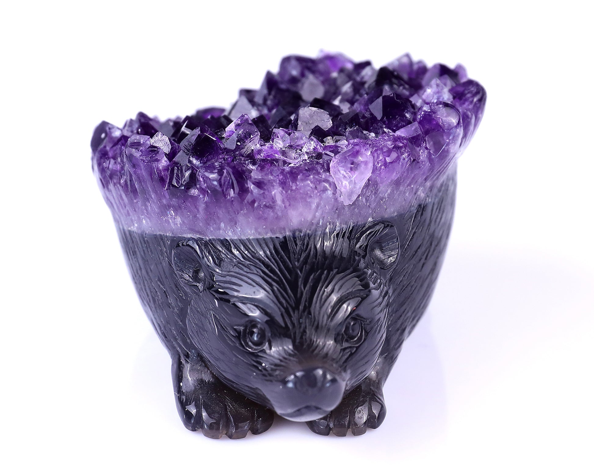 4.1" Amethyst Druse Agate Hand Carved Crystal Hedgehog Sculpture Crystallumi