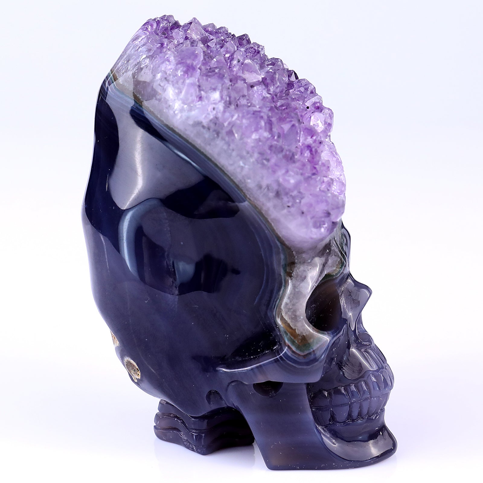 4.1" Amethyst Druse Agate Hand Carved Mineral Specimen Skull Sculpture Crystallumi