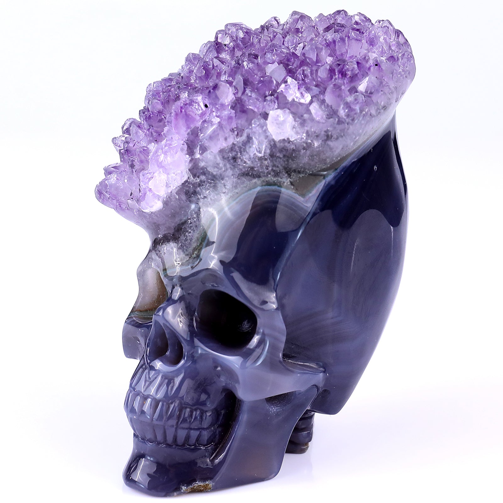 4.1" Amethyst Druse Agate Hand Carved Mineral Specimen Skull Sculpture Crystallumi