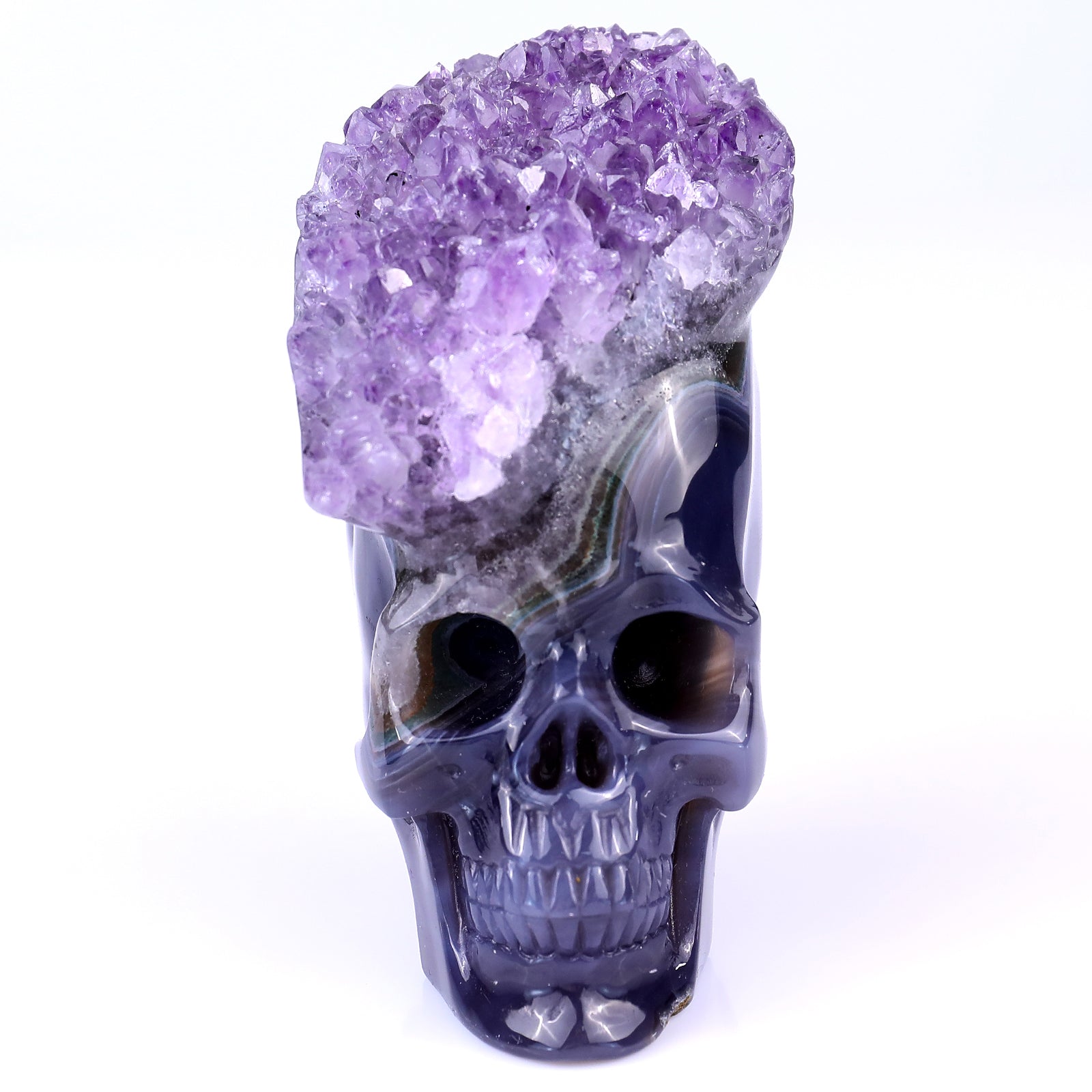 4.1" Amethyst Druse Agate Hand Carved Mineral Specimen Skull Sculpture Crystallumi