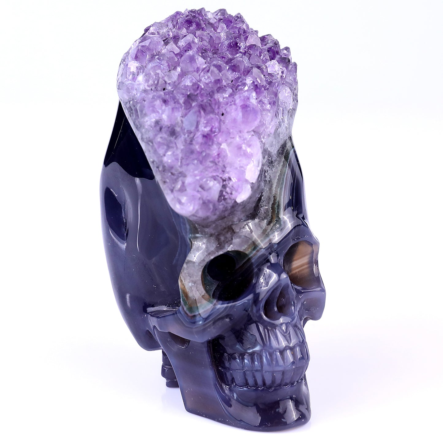 4.1" Amethyst Druse Agate Hand Carved Mineral Specimen Skull Sculpture Crystallumi