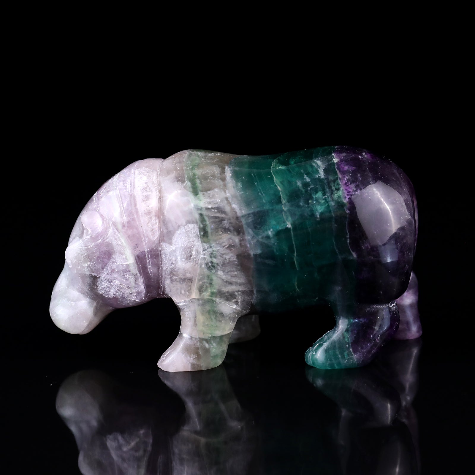 4.1" Colorful Fluorite Hand Carved Crystal Hippo Sculpture Crystallumi