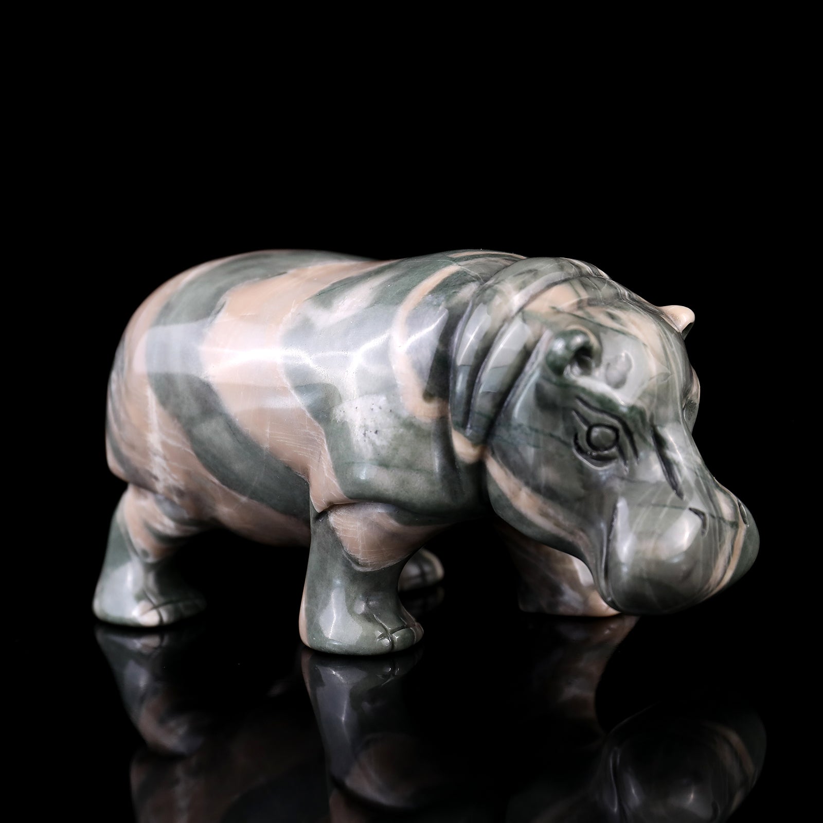 4.1" Jiulong Jade Hand Carved Crystal Hippo Sculpture Crystallumi