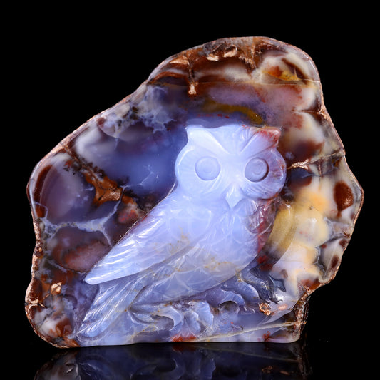 4.2" Blue Chalcedony Hand Carved Crystal Owl Sculpture Crystallumi