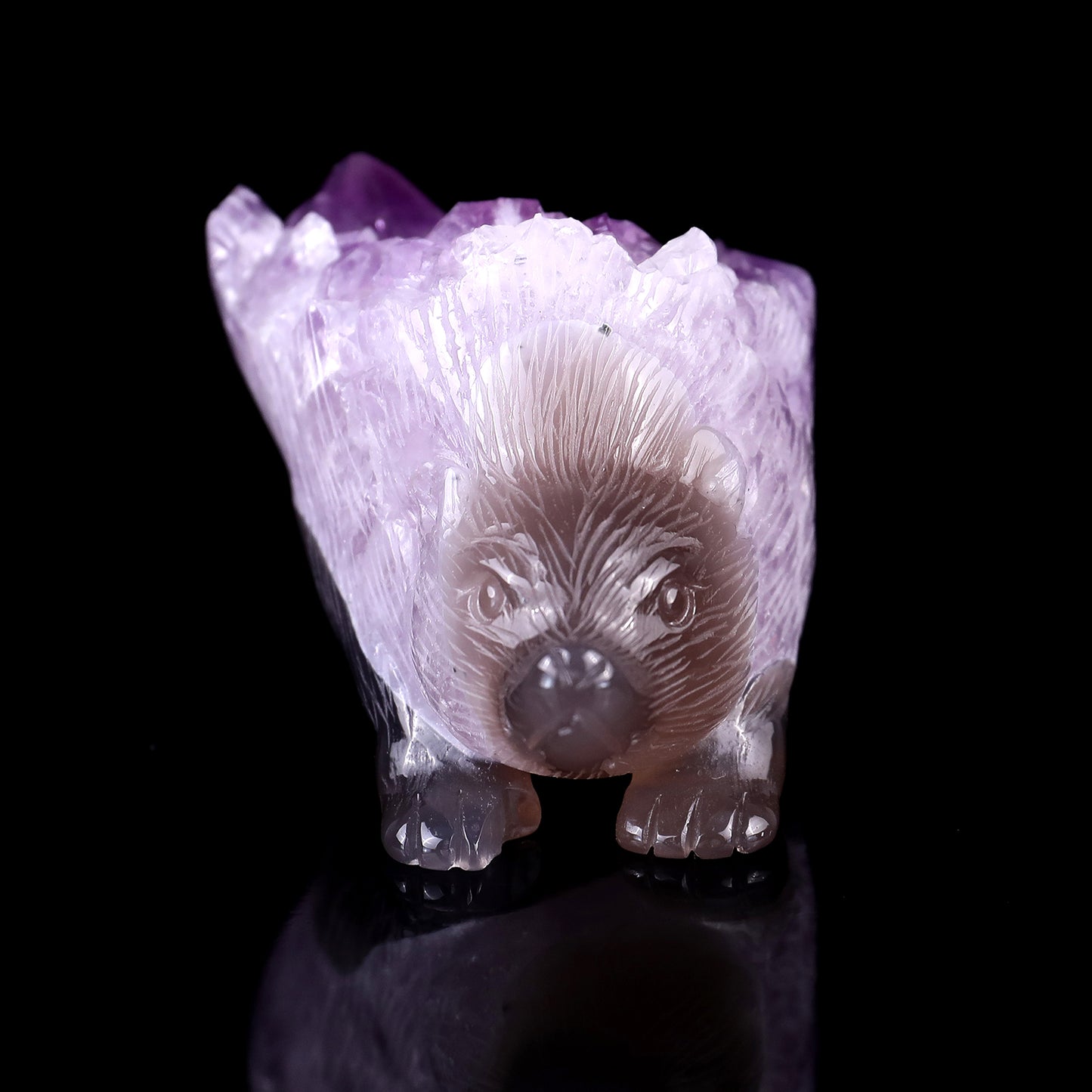 4.3" Amethyst Druse Agate Hand Carved Crystal Hedgehog Sculpture Crystallumi