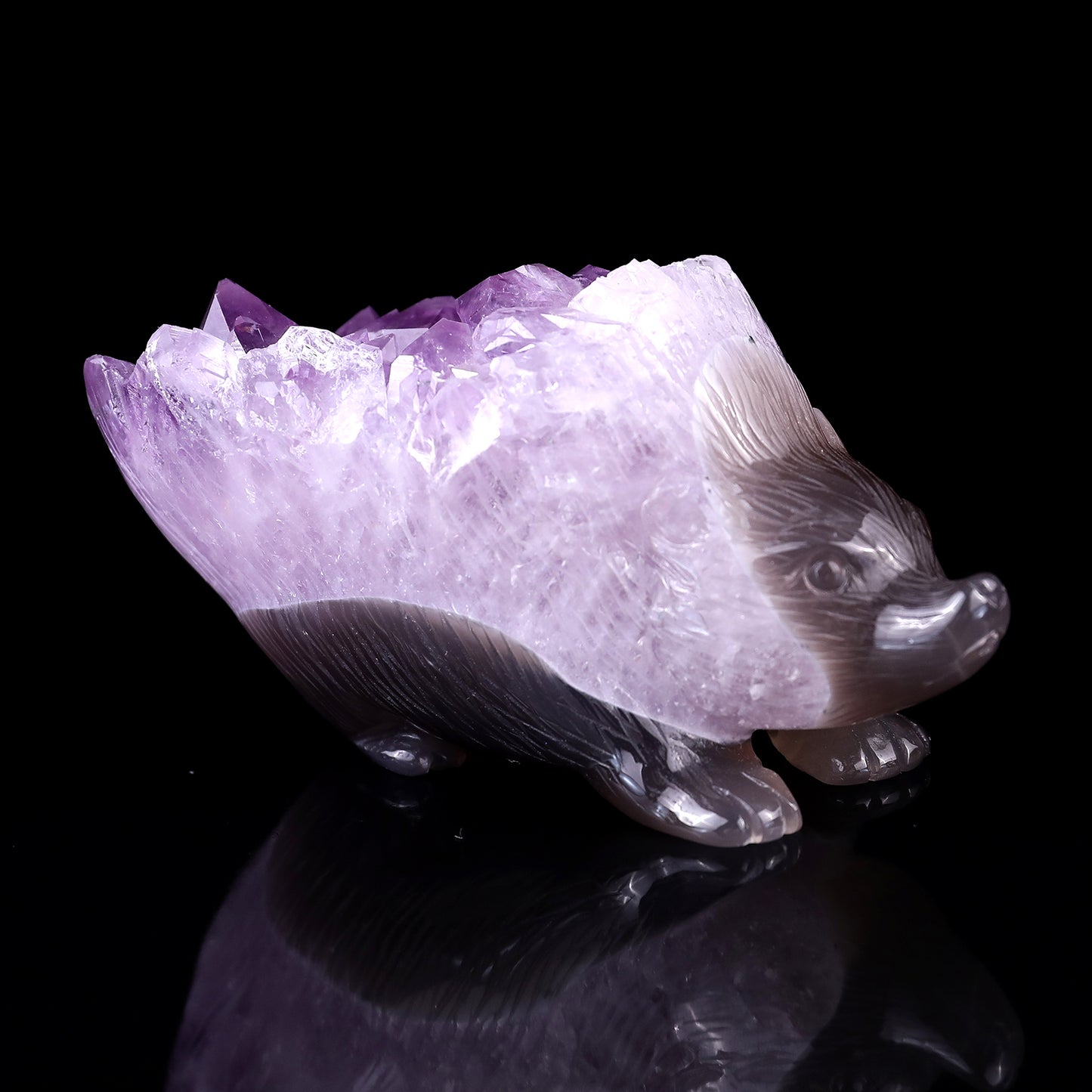 4.3" Amethyst Druse Agate Hand Carved Crystal Hedgehog Sculpture Crystallumi