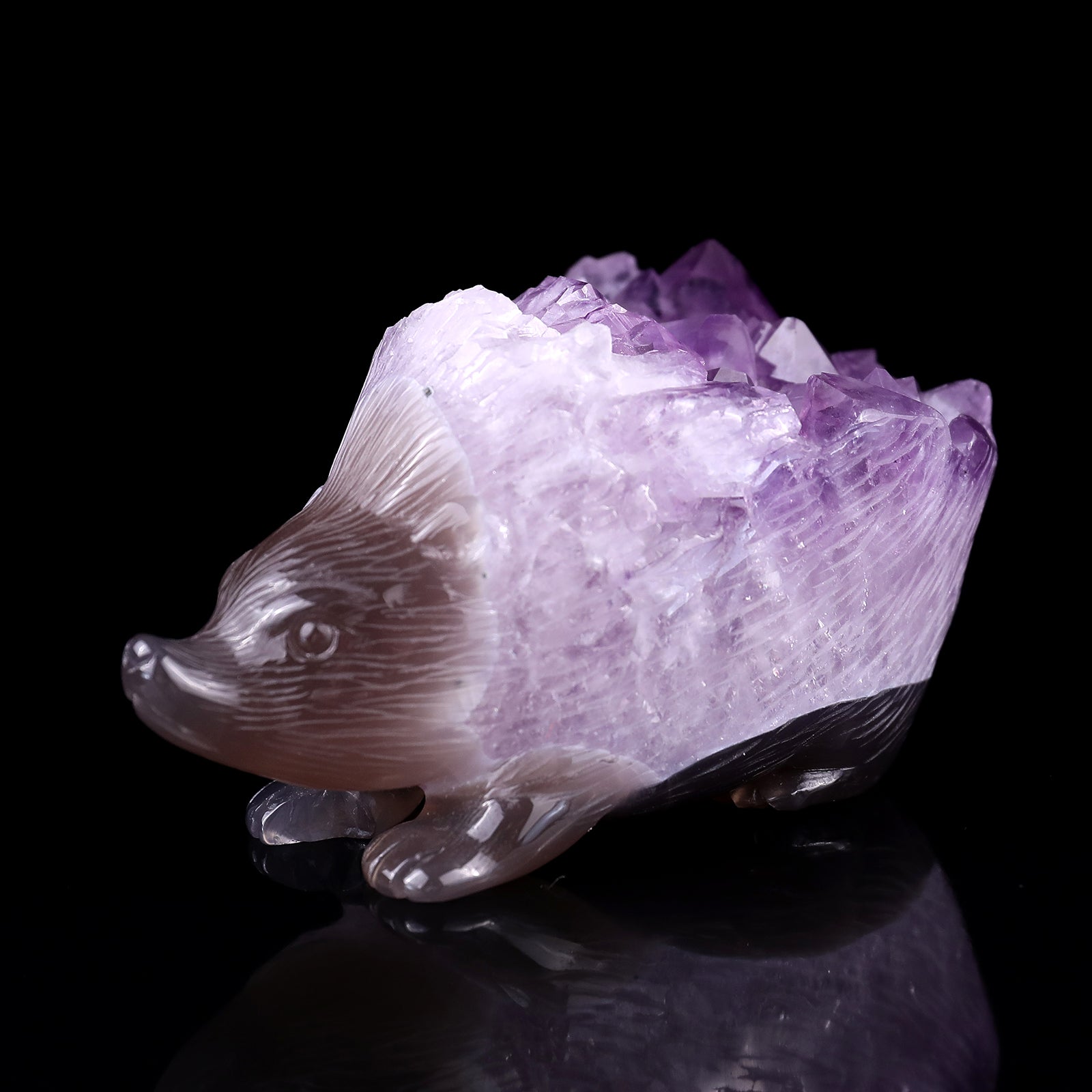 4.3" Amethyst Druse Agate Hand Carved Crystal Hedgehog Sculpture Crystallumi