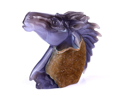 4.7" Geode Agate Hand Carved Crystal Horse Head Sculpture Crystallumi