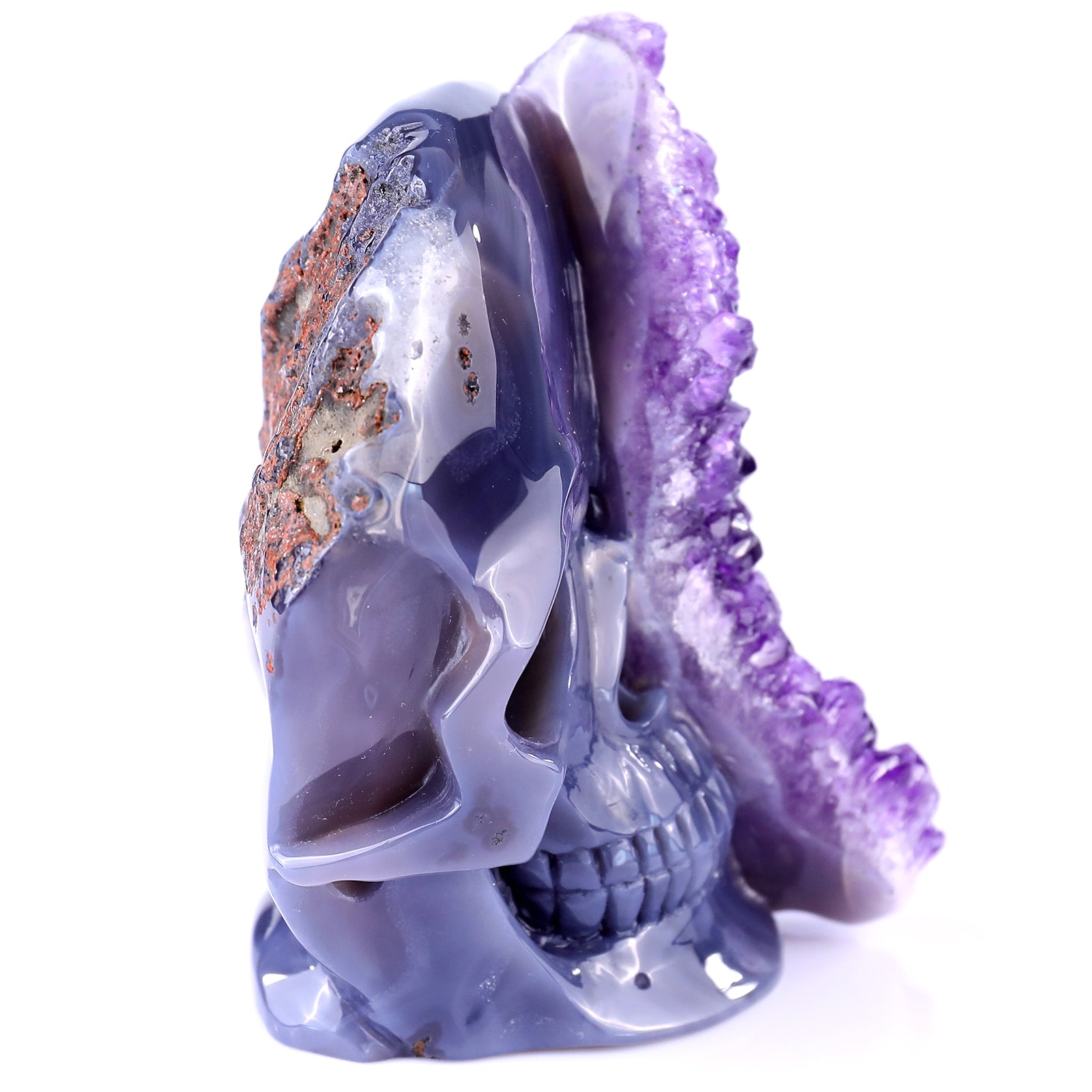 4.9" Amethyst Druse Agate Hand Carved Crystal Geode Skull Sculpture Crystallumi