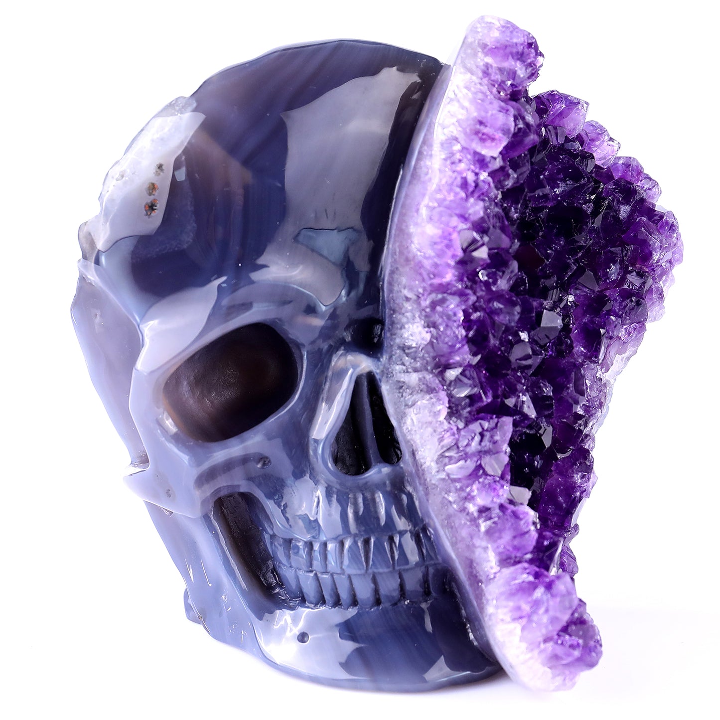 4.9" Amethyst Druse Agate Hand Carved Crystal Geode Skull Sculpture Crystallumi