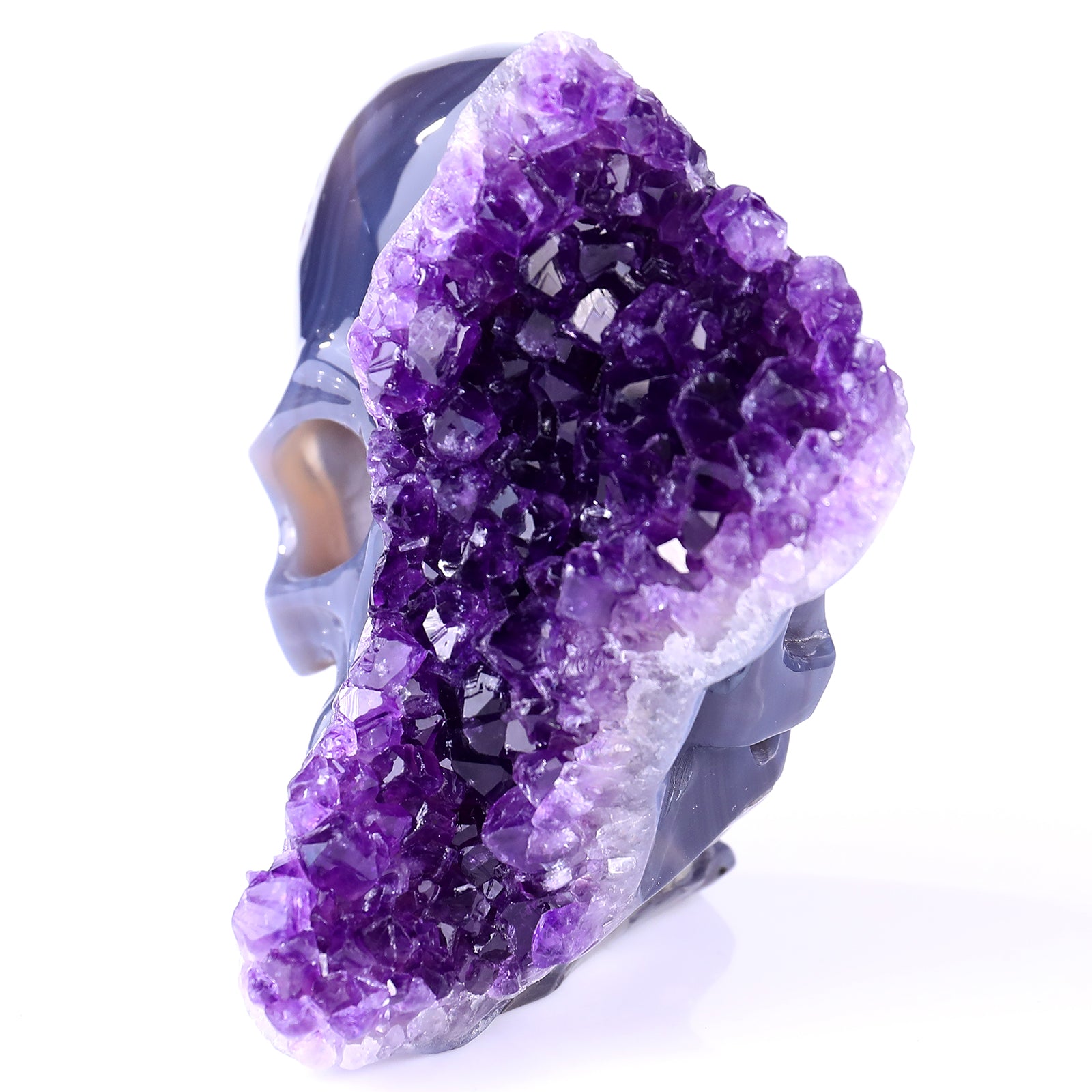 4.9" Amethyst Druse Agate Hand Carved Crystal Geode Skull Sculpture Crystallumi