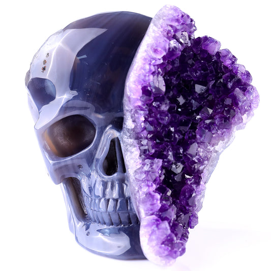 4.9" Amethyst Druse Agate Hand Carved Crystal Geode Skull Sculpture Crystallumi