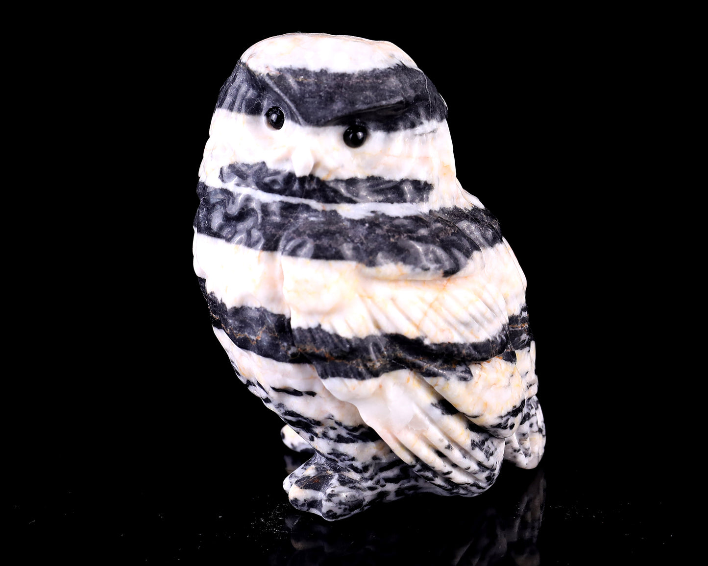 3.7" Black Zebra Agate Hand Carved Crystal Owl Sculpture