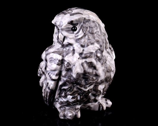 3.7" Black Crazy Agate Hand Carved Crystal Owl Sculpture