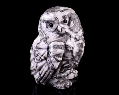 3.7" Black Crazy Agate Hand Carved Crystal Owl Sculpture