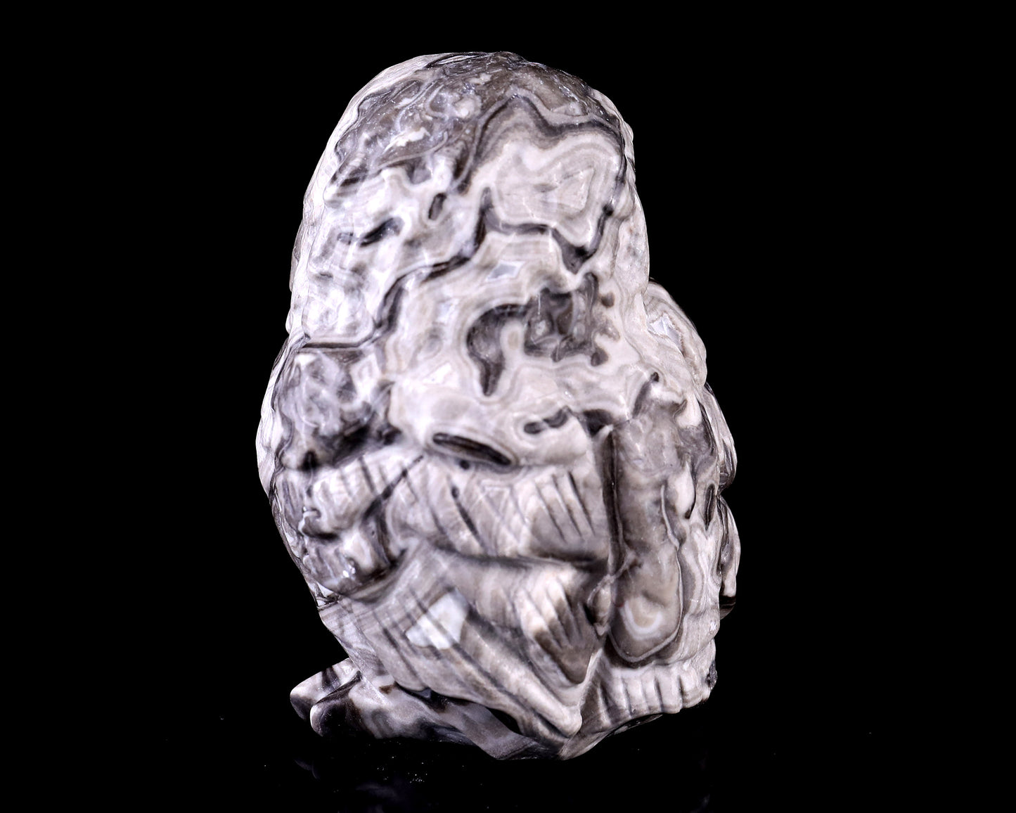 3.7" Black Crazy Agate Hand Carved Crystal Owl Sculpture