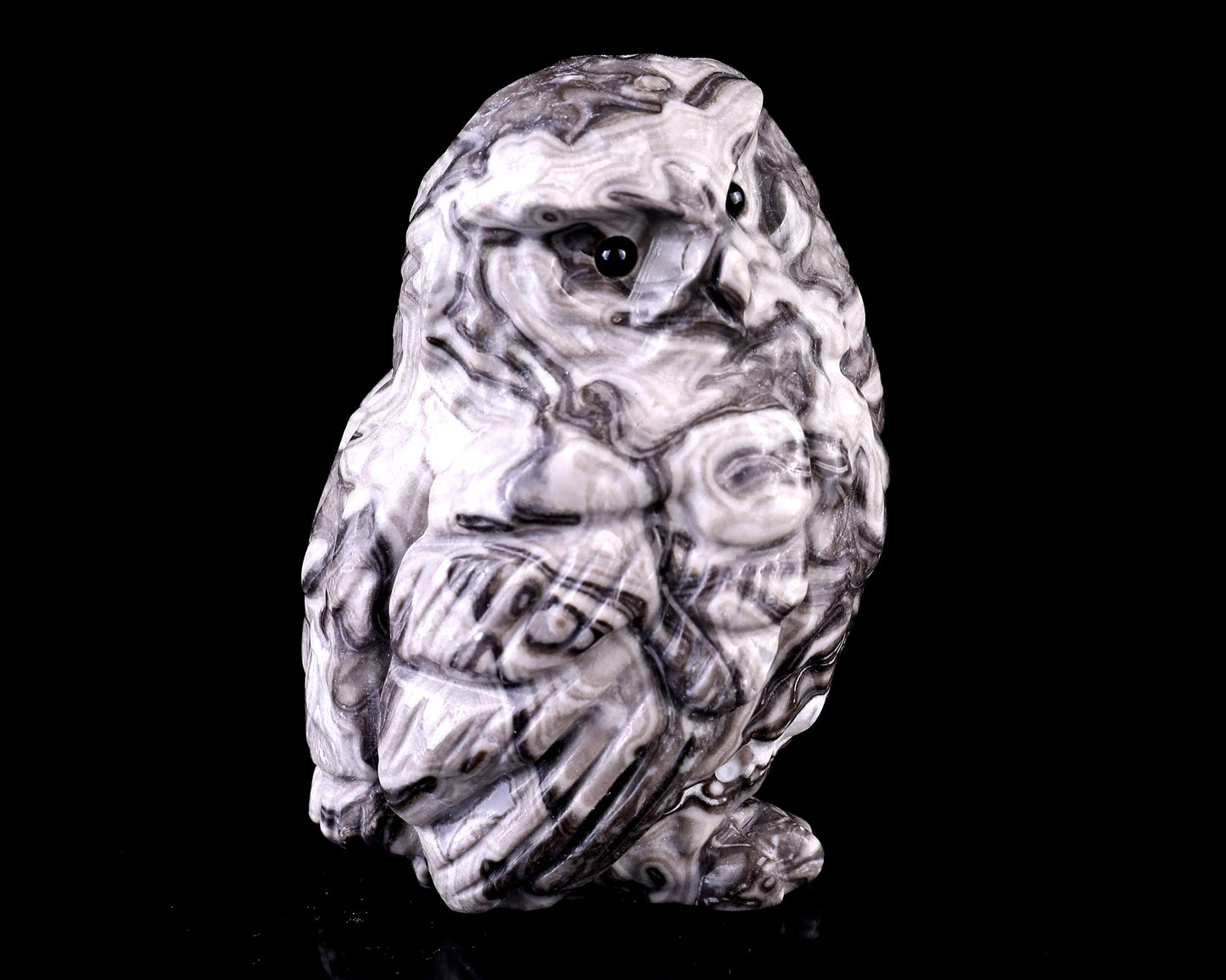 3.7" Black Crazy Agate Hand Carved Crystal Owl Sculpture