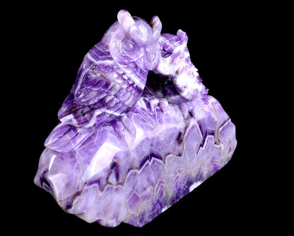 7.6" Dream Amethyst Hand Carved Crystal Owls Sculpture