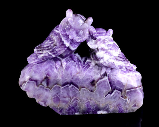 7.6" Amethyst Hand Carved Crystal Owls Sculpture