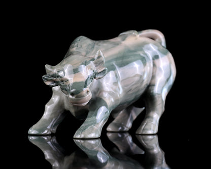 6.5" Jiulong Jade Hand Carved Crystal Cattle Sculpture