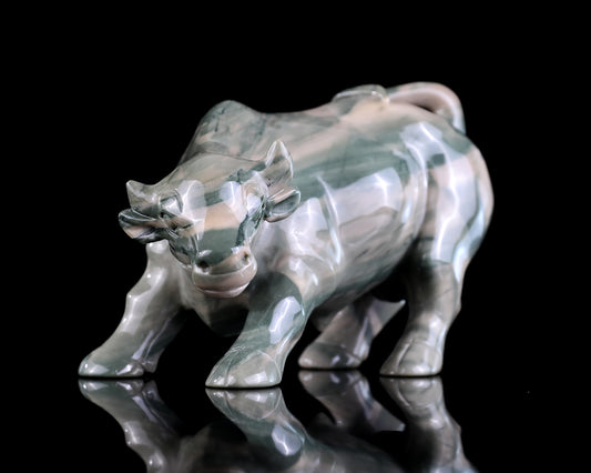 6.5" Jiulong Jade Hand Carved Crystal Cattle Sculpture