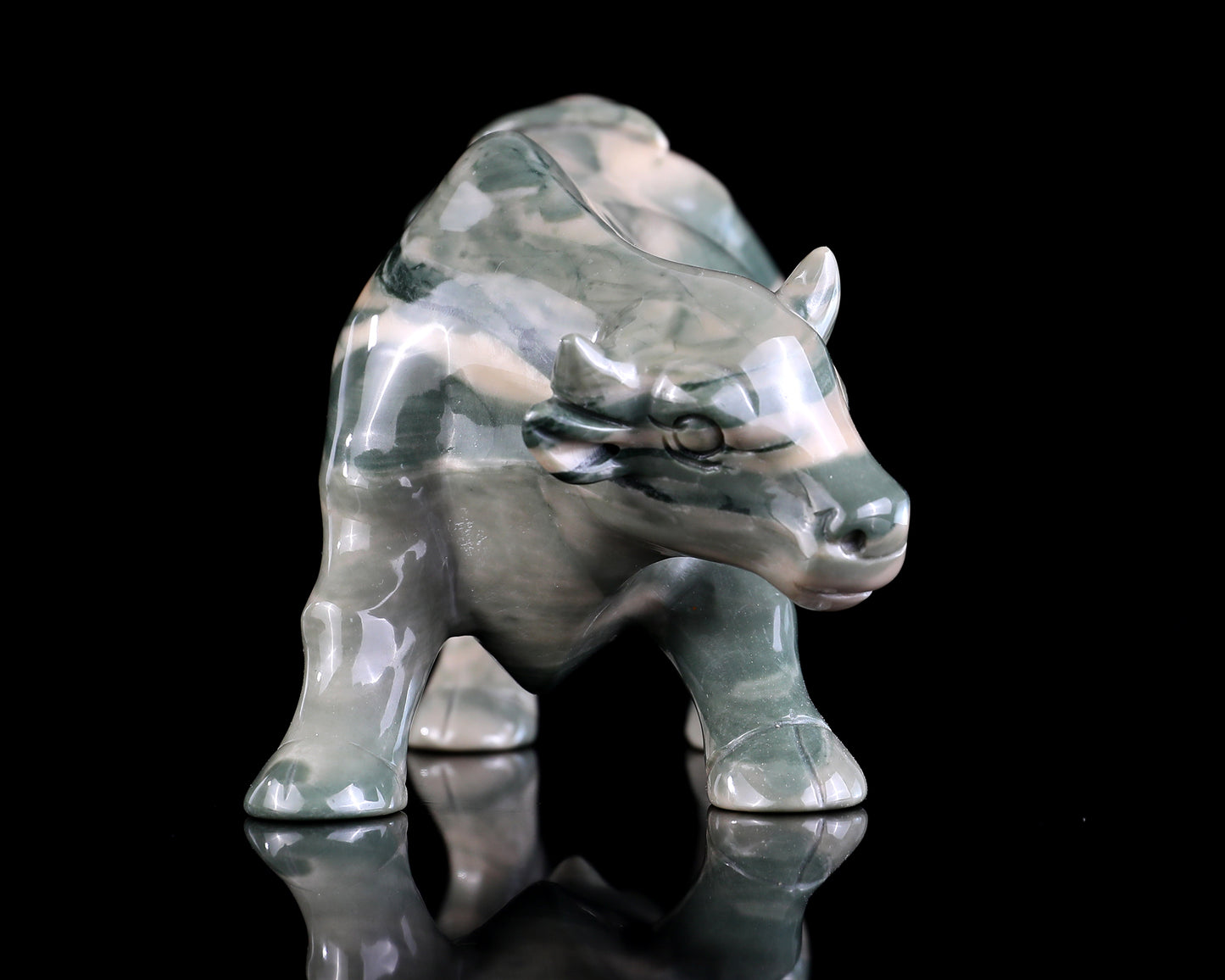 6.5" Jiulong Jade Hand Carved Crystal Cattle Sculpture