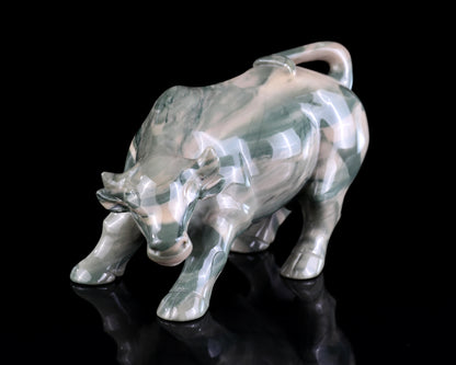 6.5" Jiulong Jade Hand Carved Crystal Cattle Sculpture