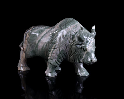 6.1" Jiulong Jade Hand Carved Crystal Cattle Sculpture