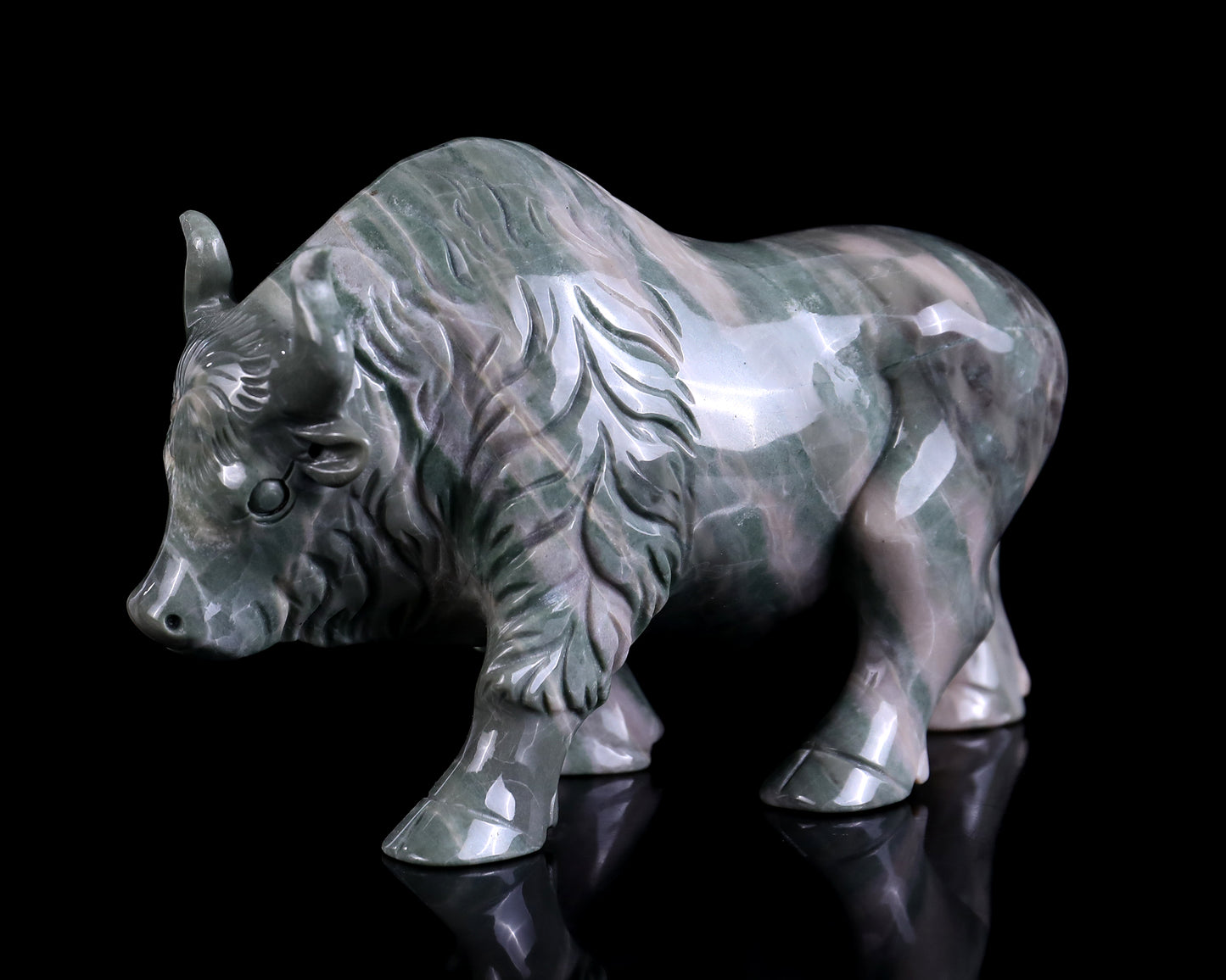 6.1" Jiulong Jade Hand Carved Crystal Cattle Sculpture