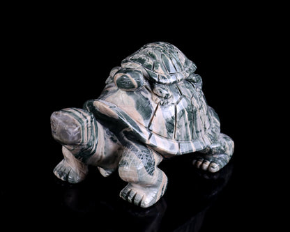 6.3" Jiulong Jade Hand Carved Crystal Turtles Sculpture