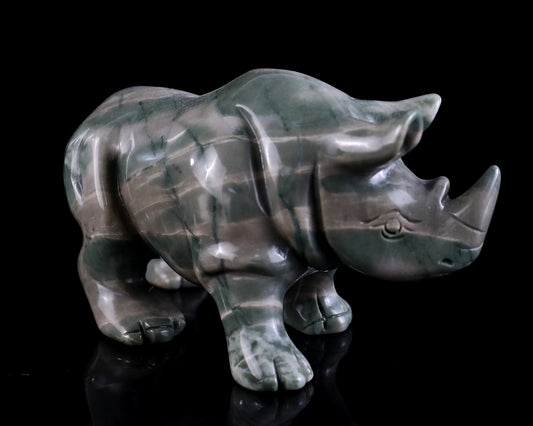 3.9" Jiulong Jade Hand Carved Crystal Rhinoceros Sculpture