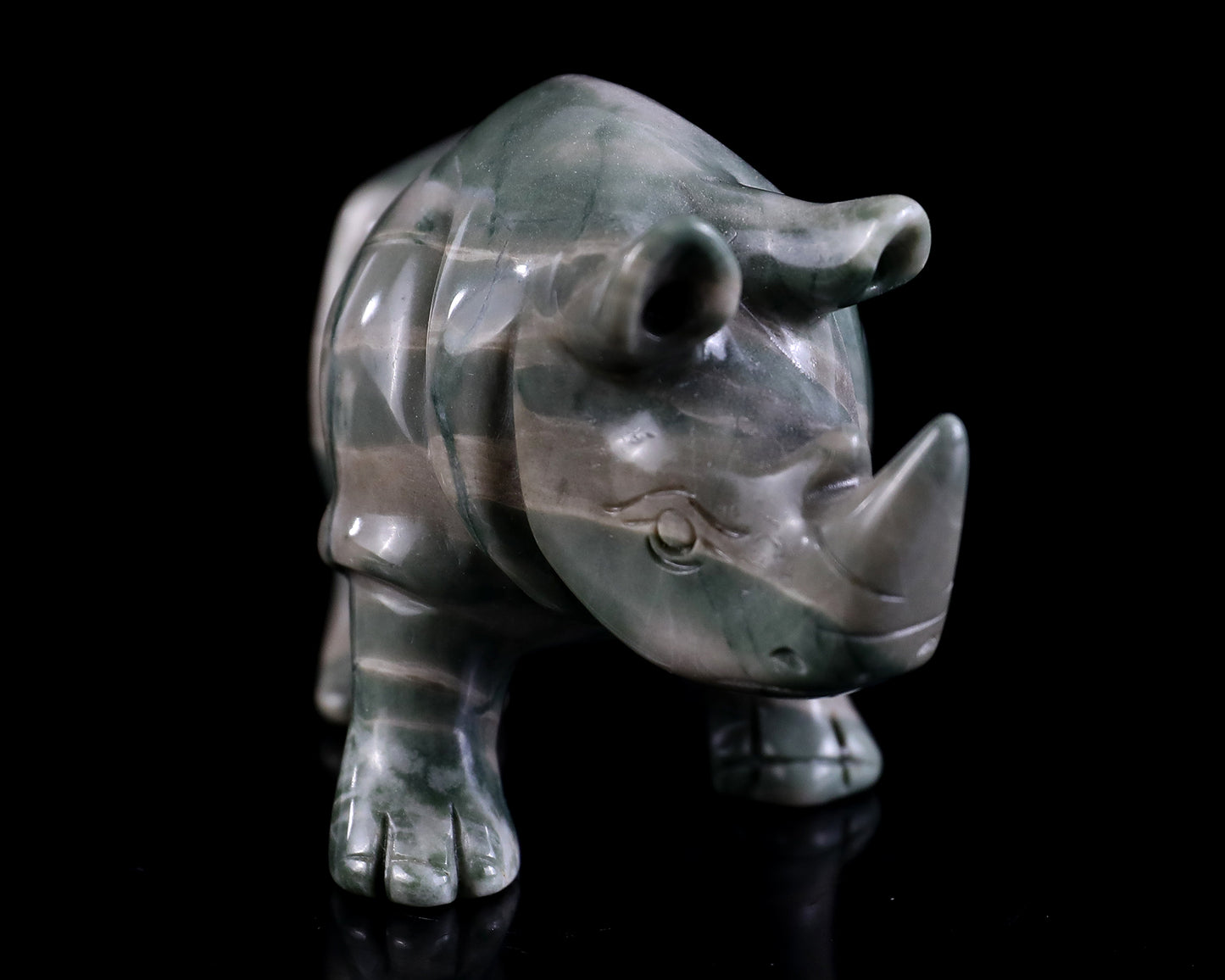 3.9" Jiulong Jade Hand Carved Crystal Rhinoceros Sculpture