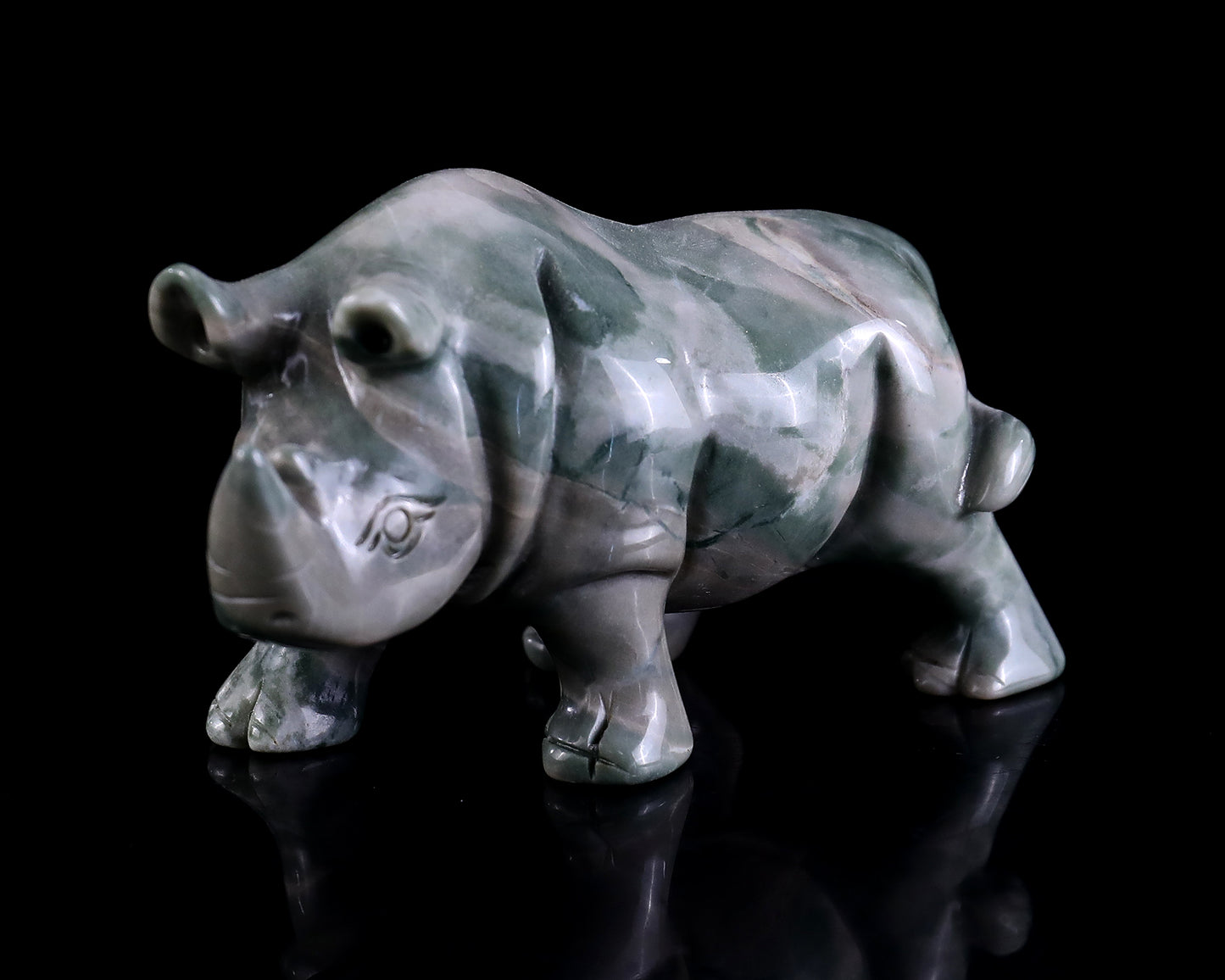 3.9" Jiulong Jade Hand Carved Crystal Rhinoceros Sculpture