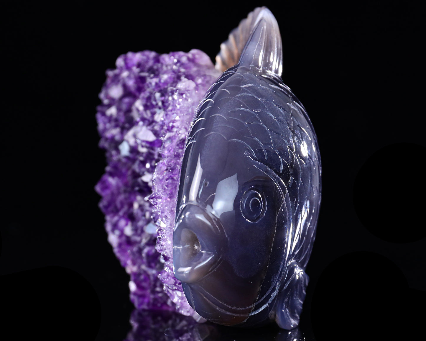 5.3" Amethyst Druse Agate Hand Carved Crystal Fish Sculpture