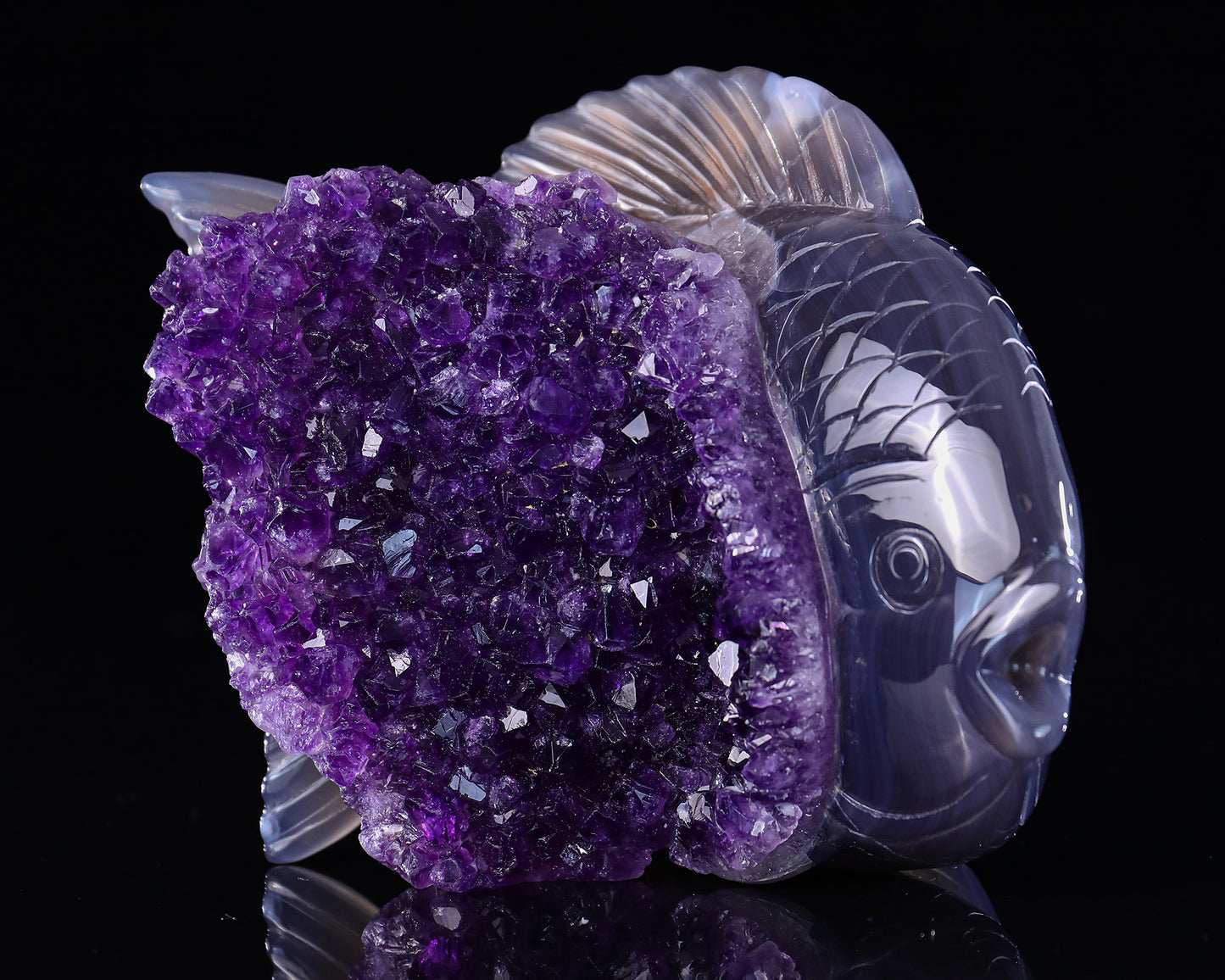 5.3" Amethyst Druse Agate Hand Carved Crystal Fish Sculpture