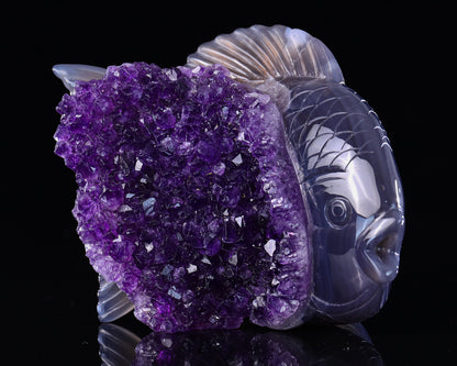 5.3" Amethyst Druse Agate Hand Carved Crystal Fish Sculpture