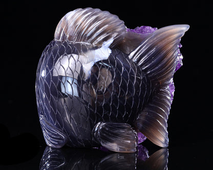 5.3" Amethyst Druse Agate Hand Carved Crystal Fish Sculpture