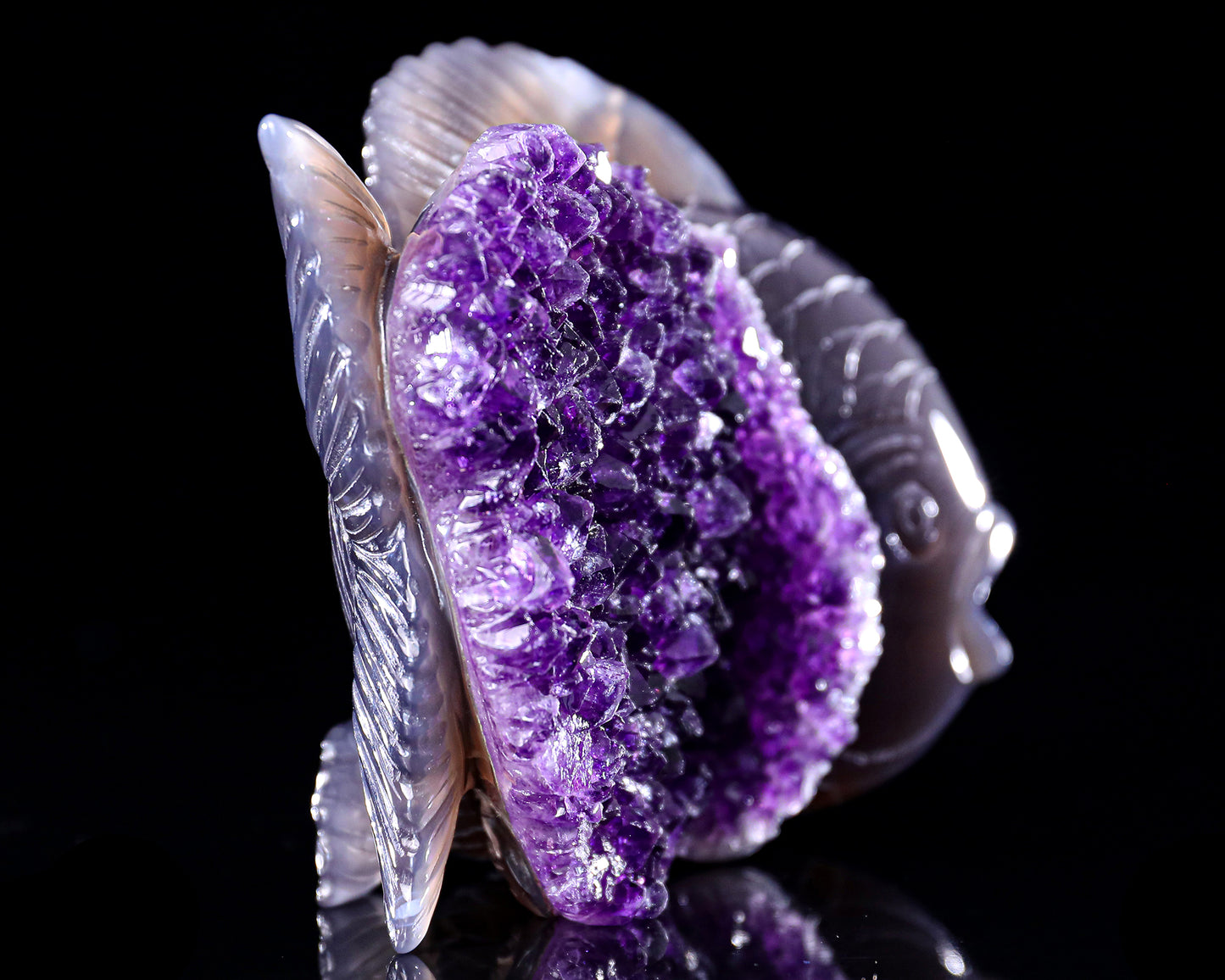 5.3" Amethyst Druse Agate Hand Carved Crystal Fish Sculpture