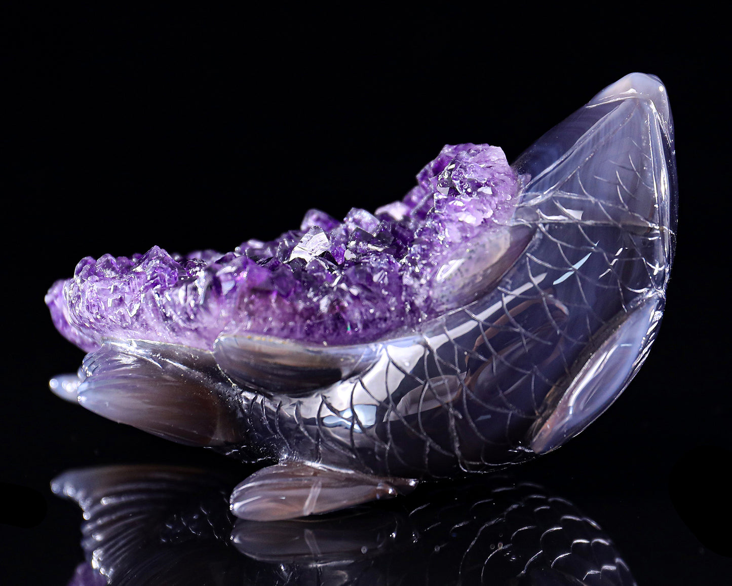 5.3" Amethyst Druse Agate Hand Carved Crystal Fish Sculpture