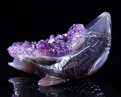 5.3" Amethyst Druse Agate Hand Carved Crystal Fish Sculpture