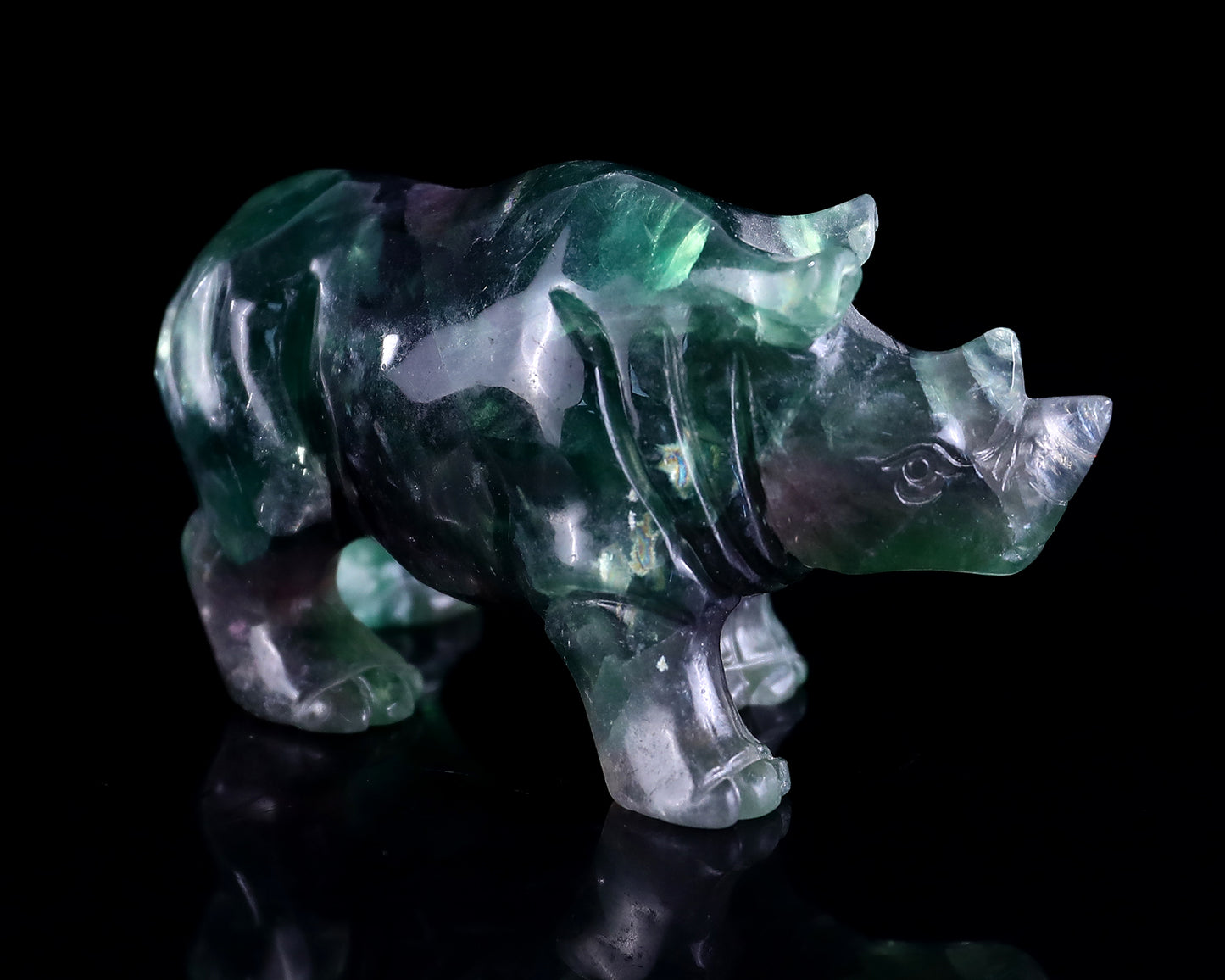 3.9" Fluorite Hand Carved Crystal Rhinoceros Sculpture