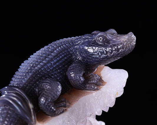 6.5" Quartz Rock Druse Hand Carved Crystal Crocodile Sculpture