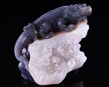 6.5" Quartz Rock Druse Hand Carved Crystal Crocodile Sculpture