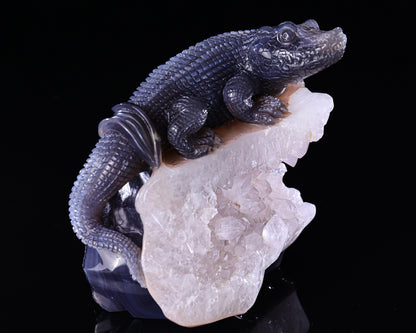 6.5" Quartz Rock Druse Hand Carved Crystal Crocodile Sculpture