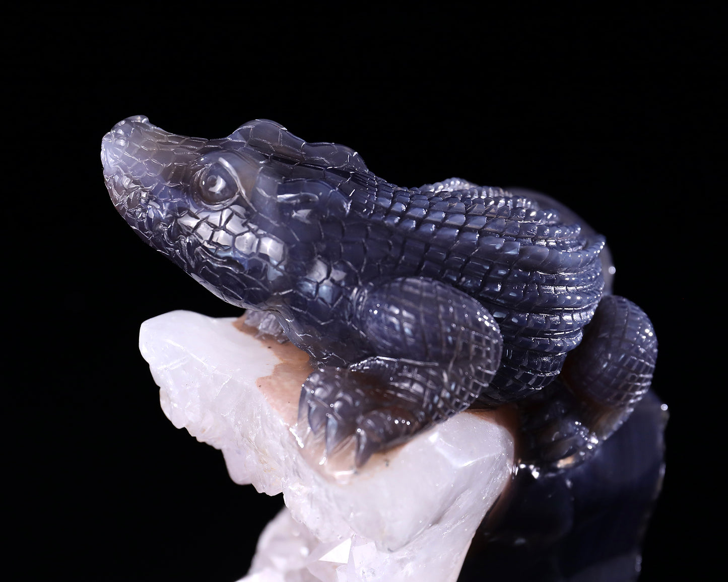 6.5" Quartz Rock Druse Hand Carved Crystal Crocodile Sculpture