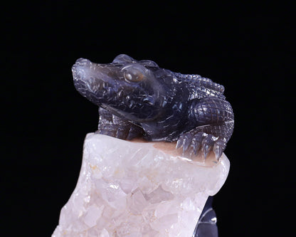 6.5" Quartz Rock Druse Hand Carved Crystal Crocodile Sculpture